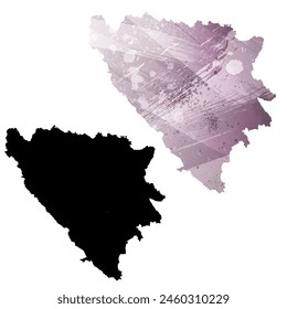 Mapa de Vector detallado. Bosnia y Herzegovina. Juego de dos cartas. Estilo acuarela. Color púrpura. Tarjeta negra.