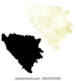 High detailed vector map. Bosnia and Herzegovina. Set of two cards. Watercolor style. Yellow lemon color. Black card.