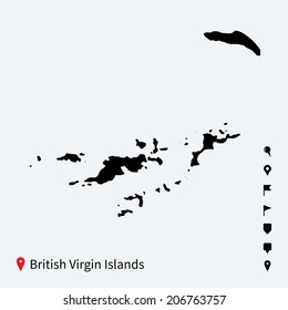 High detailed vector map of British Virgin Islands with navigation pins.