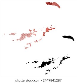 Mapa de Vector detallado. Islas Vírgenes Británicas. Juego de dos cartas. Estilo acuarela. Color rojo. Tarjeta negra.