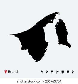 High detailed vector map of Brunei with navigation pins.