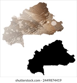 Mapa de Vector detallado. Burkina Faso. Juego de dos cartas. Estilo acuarela. Color marrón. Tarjeta negra.