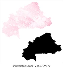 High detailed vector map. Burkina Faso. Set of two cards. Watercolor style. Pink color. Black card.