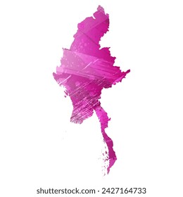 High detailed vector map. Burma. Watercolor style. Eggplant color. Purple bright color.