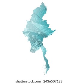 High detailed vector map. Burma. Watercolor style. Turquoise blue color. Blue is a deep color.