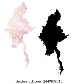 High detailed vector map. Burma. Set of two cards. Watercolor style. Pink color. Black card.