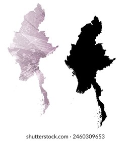 High detailed vector map. Burma. Set of two cards. Watercolor style. Purple color. Black card.
