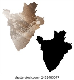 High detailed vector map. Burundi. Set of two cards. Watercolor style. Brown color. Black card.