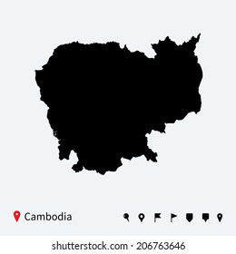 High detailed vector map of Cambodia with navigation pins.