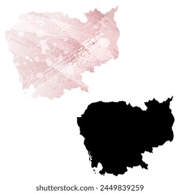 High detailed vector map. Cambodia. Set of two cards. Watercolor style. Pink color. Black card.