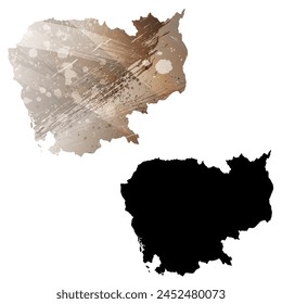 High detailed vector map. Cambodia. Set of two cards. Watercolor style. Brown color. Black card.
