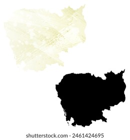 High detailed vector map. Cambodia. Set of two cards. Watercolor style. Yellow lemon color. Black card.