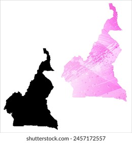High detailed vector map. Cameroon. Set of two cards. Watercolor style. Pink color. Black card.