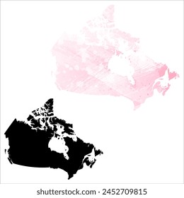 High detailed vector map. Canada. Set of two cards. Watercolor style. Pink color. Black card.