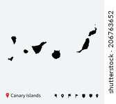 High detailed vector map of Canary Islands with navigation pins.