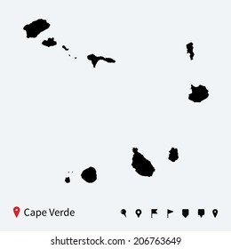 High detailed vector map of Cape Verde with navigation pins.