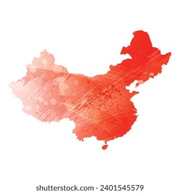 High detailed vector map. China. Watercolor style. Scarlet bright red color.