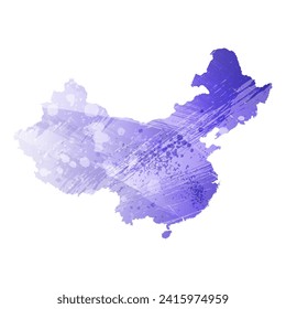 High detailed vector map. China. Watercolor style. Aspid blue color. A violet, delicate, pastel color.