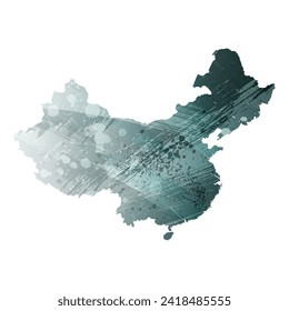 High detailed vector map. China. Watercolor style. Aspid gray color. Green-gray deep color.