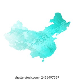 High detailed vector map. China. Watercolor style. Turquoise color. Bright blue color.