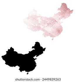 High detailed vector map. China. Set of two cards. Watercolor style. Pink color. Black card.