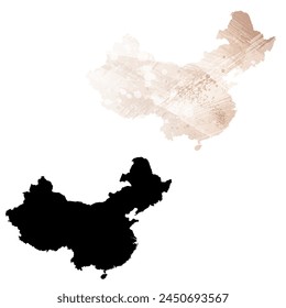 Mapa de Vector detallado. China. Juego de dos cartas. Estilo acuarela. Color beige marrón. Tarjeta negra.