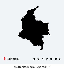 High detailed vector map of Colombia with navigation pins.