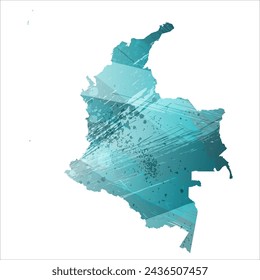 High detailed vector map. Colombia. Watercolor style. Turquoise blue color. Blue is a deep color.