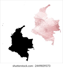 High detailed vector map. Colombia. Set of two cards. Watercolor style. Pink color. Black card.
