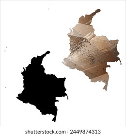 High detailed vector map. Colombia. Set of two cards. Watercolor style. Brown color. Black card.