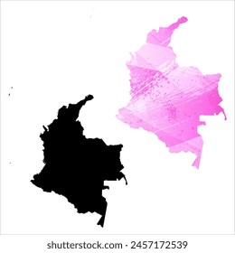 Detaillierte Karte der Vektorgrafik. Kolumbien. Satz von zwei Karten. Aquarellstil. Rosa Farbe. Schwarze Karte.