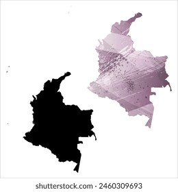 High detailed vector map. Colombia. Set of two cards. Watercolor style. Purple color. Black card.