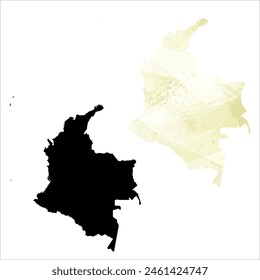 High detailed vector map. Colombia. Set of two cards. Watercolor style. Yellow lemon color. Black card.