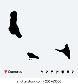 High detailed vector map of Comoros with navigation pins.