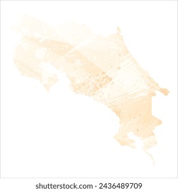 High detailed vector map. Costa Rica. Watercolor style. Biscuit color. Pastel yellow color.