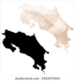 High detailed vector map. Costa Rica. Set of two cards. Watercolor style. Brown beige color. Black card.