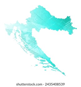 Mapa vectorial detallado. Croacia. Estilo acuarela. Color turquesa. Color azul brillante.