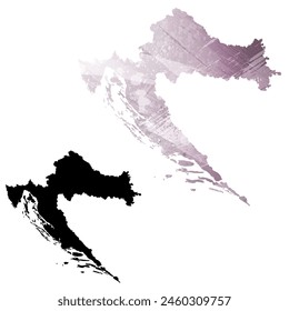High detailed vector map. Croatia. Set of two cards. Watercolor style. Purple color. Black card.