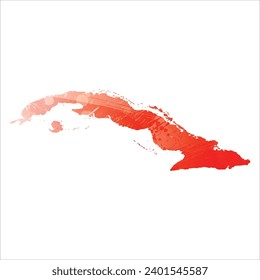 High detailed vector map. Cuba. Watercolor style. Scarlet bright red color.