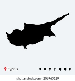 High detailed vector map of Cyprus with navigation pins.
