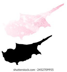 Mapa de Vector detallado. Chipre. Juego de dos cartas. Estilo acuarela. Color rosa. Tarjeta negra.
