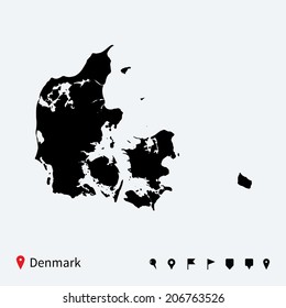 High detailed vector map of Denmark with navigation pins.