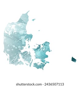 High detailed vector map. Denmark. Watercolor style. Turquoise blue color. Blue is a deep color.
