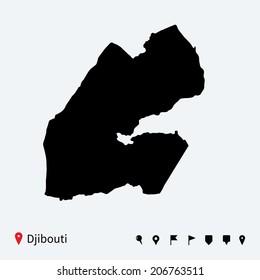 High detailed vector map of Djibouti with navigation pins.