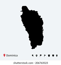 High detailed vector map of Dominica with navigation pins.