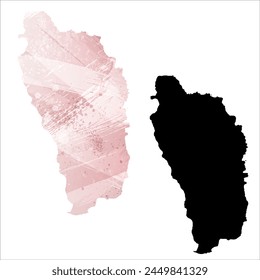 High detailed vector map. Dominica. Set of two cards. Watercolor style. Pink color. Black card.