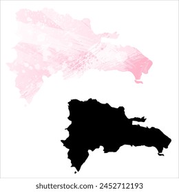 High detailed vector map. Dominican Republic. Set of two cards. Watercolor style. Pink color. Black card.