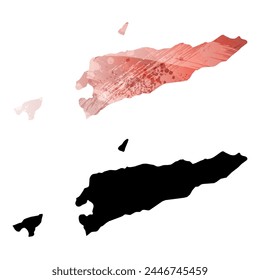 High detailed vector map. East Timor. Set of two cards. Watercolor style. Red color. Black card.