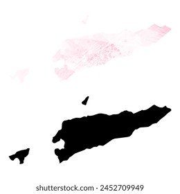 High detailed vector map. East Timor. Set of two cards. Watercolor style. Pink color. Black card.