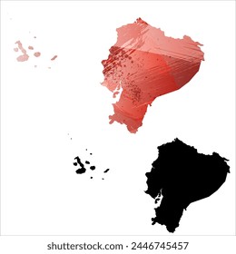 High detailed vector map. Ecuador. Set of two cards. Watercolor style. Red color. Black card.